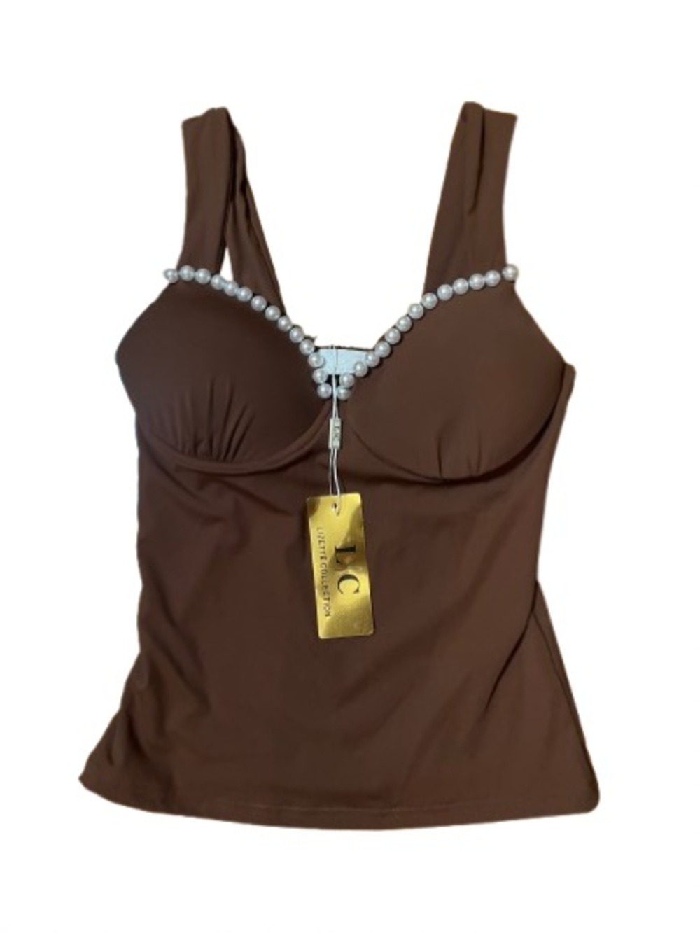 NWT Lizette Collection Women's Chocolate Brown Pearl-Trim Cami Top Size Large